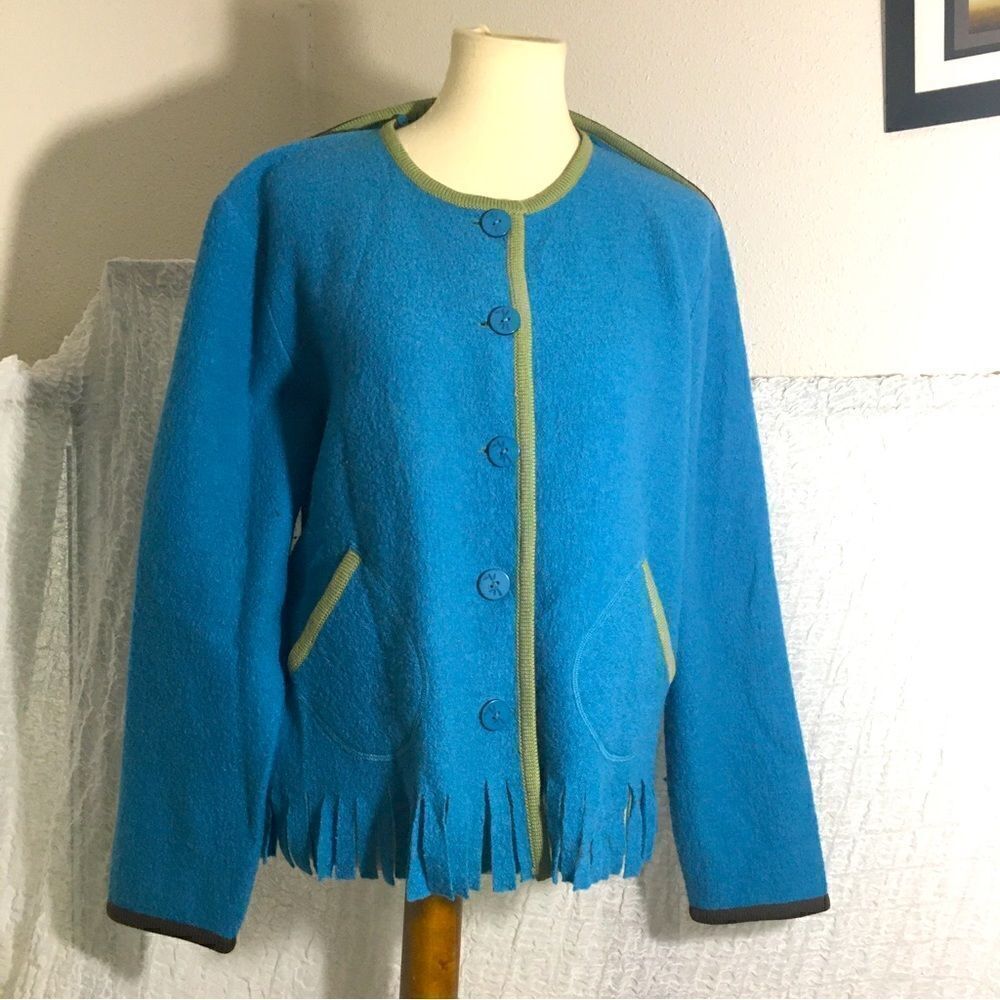 Hearts of Palm 100% Wool Blue Fringed Sweater Size Large